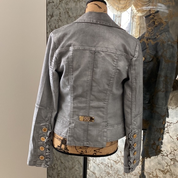 Kenneth Jay Lane Light Gray Denim Jacket with Gold Accents - Picture 3 of 7